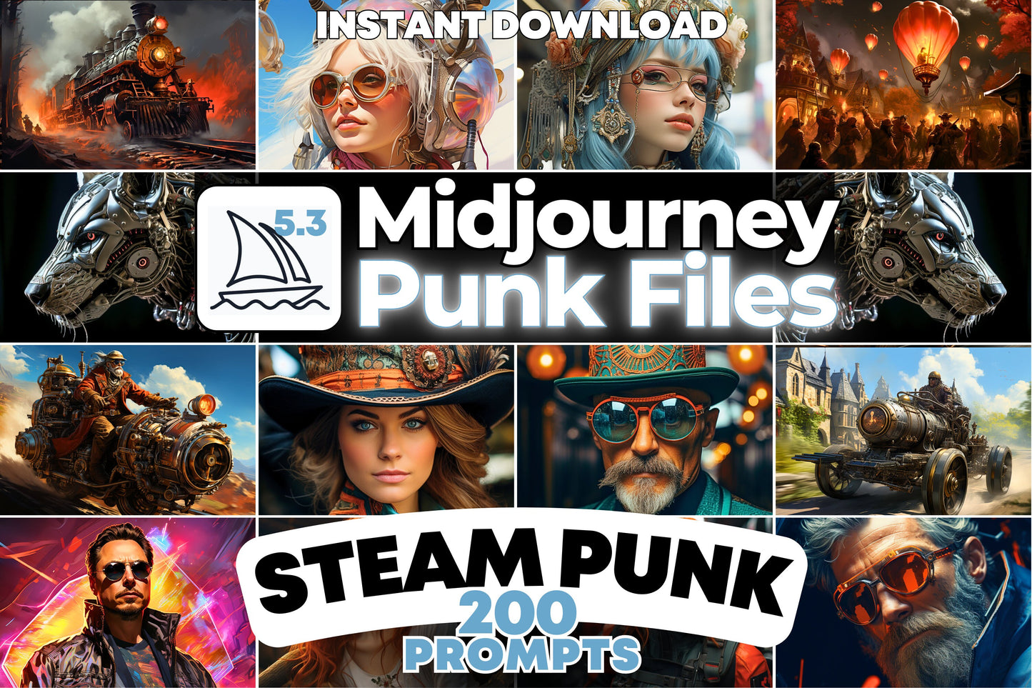 Midjourney Prompts for Steampunk Digital Art Decor Clipart & Sticker Pack